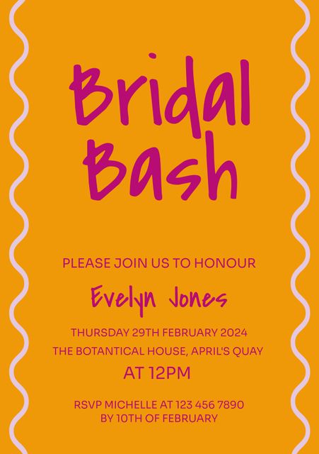 Bright, cheerful invitation template for bridal bash events. Ideal for announcing festivities in a lively, eye-catching manner. Perfect for wedding planners, bridesmaids organizing events, or couples planning their celebrations. Easy to edit with event details such as date, time, location, and RSVP information.