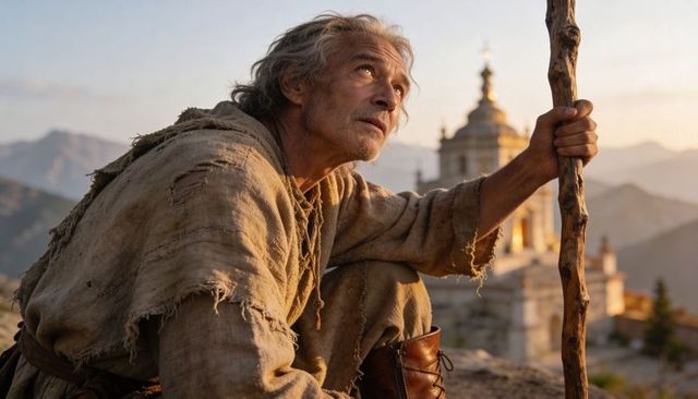 Elderly pilgrim kneeling on mountain ledge gripping walking staff at sunset