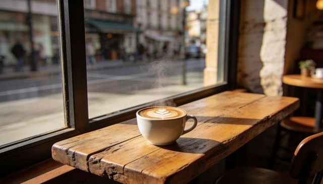 Steaming latte with leaf latte art on rustic window counter, sunlit urban café morning