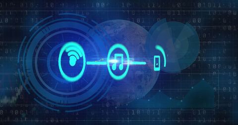 Futuristic Digital Network with Tech Icons and Binary Code - Download Free Stock Images Pikwizard.com