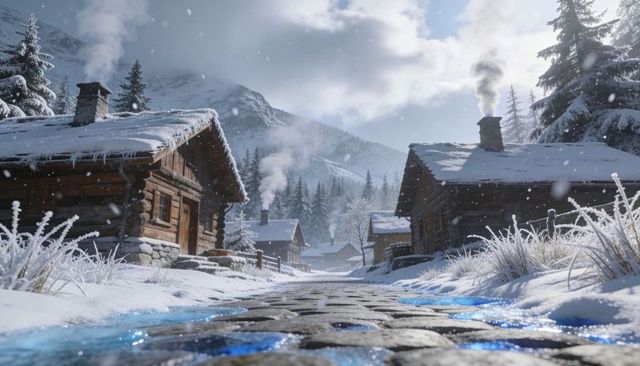 Snowy alpine cobblestone lane with log cabins and drifting chimney smoke, winter charm