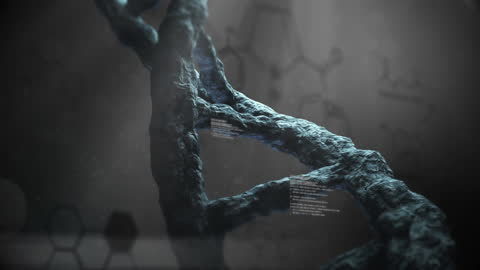 Spinning DNA Strand with Falling Molecules on Dark Background