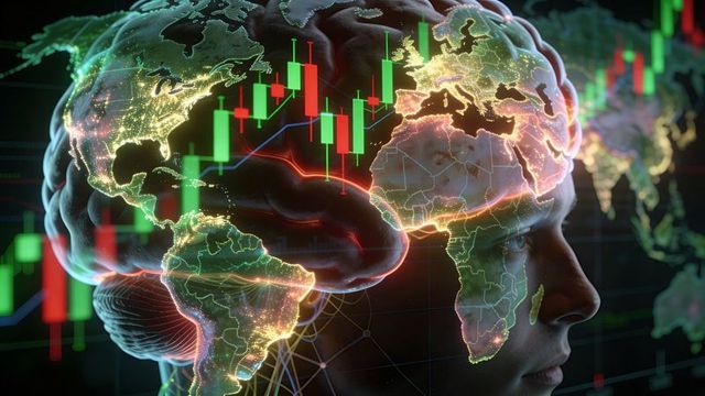 Futuristic female profile with transparent brain and global market candlestick overlay