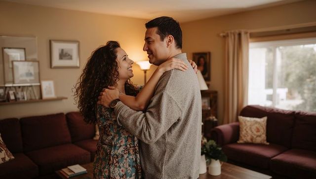 Couple embracing and smiling in cozy living room with maroon sofa and warm lighting