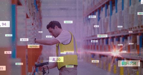 Warehouse Worker Scanning Inventory with Handheld Scanner and Augmented Reality Overlays
