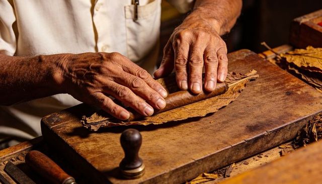 Skilled senior hands rolling handmade cigar on rustic wooden board, artisan tobacco craft closeup