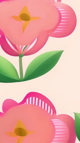 Looping Vertical Animation of Stylized Pink Flowers Sliding Up on Cream Backdrop