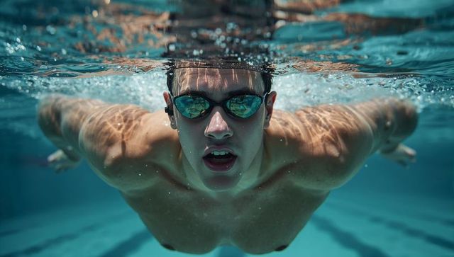 Competitive swimmer breaking surface with goggles underwater close-up pool perspective