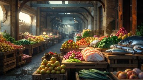 Vibrant Market Hall with Fresh Produce and Seafood Display