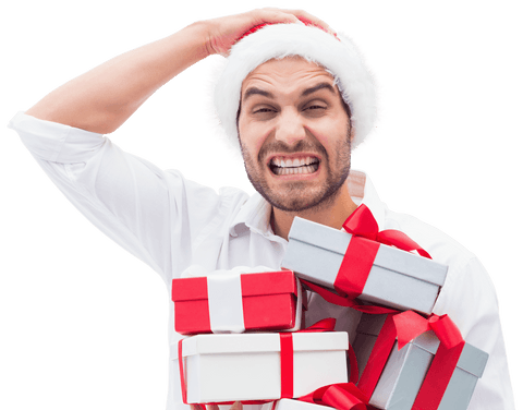 Frustrated Santa Man Holding Piled Gifts on Transparent Background