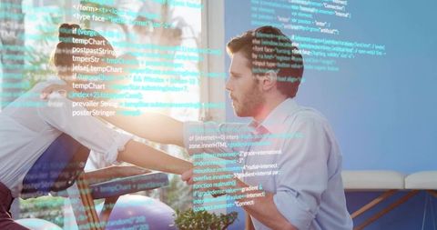 Kneeling therapist supporting client on stall bars during rehabilitation with code overlay