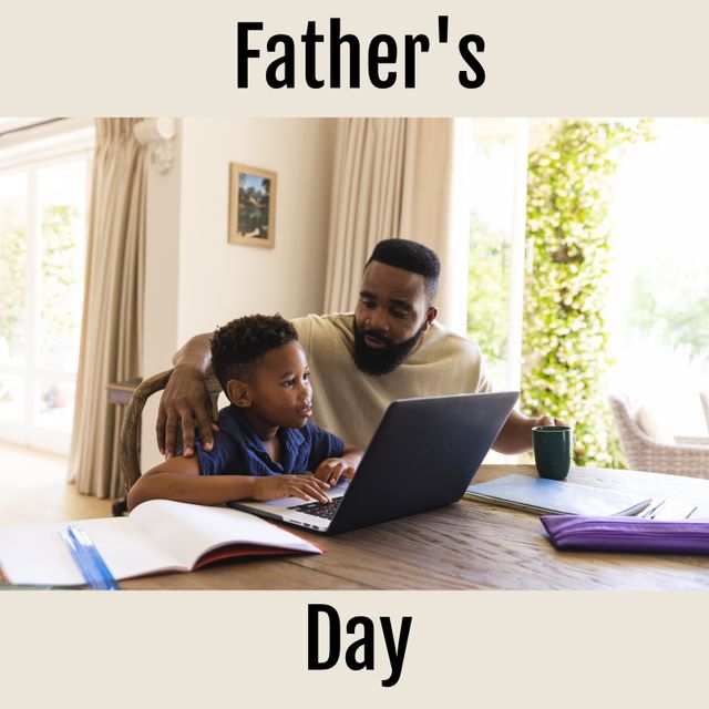 This image is ideal for promoting Father's Day content, educational activities with family, and parenting resources. Can be used in advertisements, blog posts, and social media campaigns highlighting family bonding, technology use in education, and cultural celebration days.