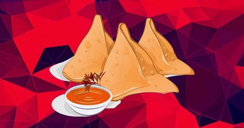 Crispy samosas featuring spicy tamarind chutney on vibrant geometric red background