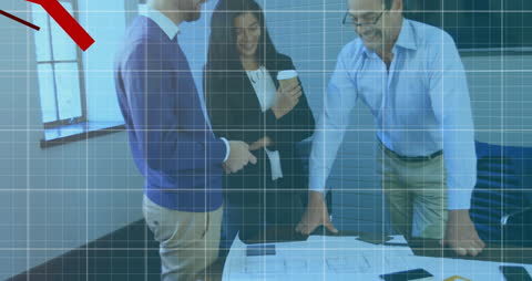 Team of Architects Discussing Blueprints with Financial Downturn Overlay