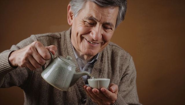 Senior man pouring tea from pale green teapot into white cup during cozy home moment