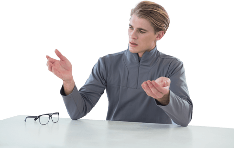 Businessman Analyzing Invisible Product at Table Transparent Background - Download Free Stock Videos Pikwizard.com