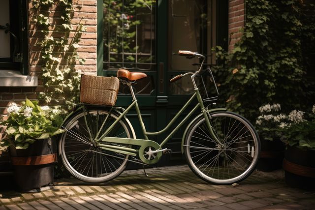 A charming green vintage bicycle is parked in a sunlit courtyard. The bike features a woven basket attached to the front, perfect for carrying items during leisure rides. Surrounded by potted plants and flowers, the image conveys a peaceful, leisurely atmosphere. Ideal for promoting eco-friendly transportation, gardening, or lifestyle content focusing on simplicity and nostalgia.