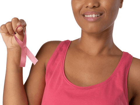 Smiling Woman Holding Pink Breast Cancer Awareness Ribbon on Transparent Background