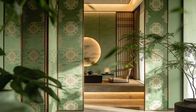Framing serene zen tea room with patterned green folding screens revealing low tatami platform