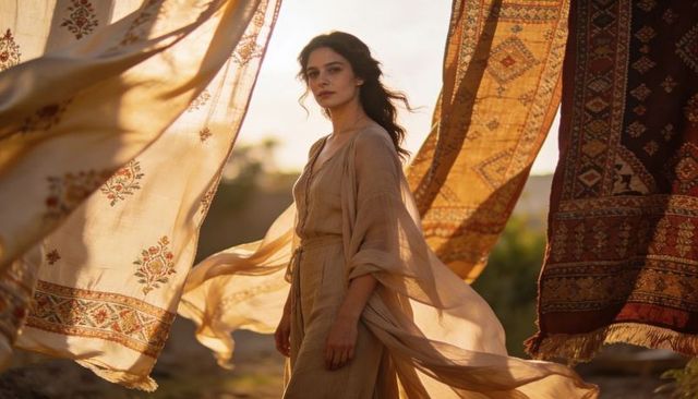 Ethereal backlit woman in flowing linen robe with patterned rugs at golden desert sunset