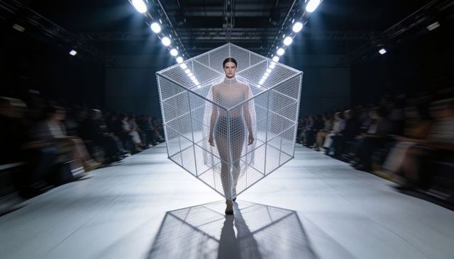 Avant-garde model walking inside geometric mesh cube on runway with dramatic lighting