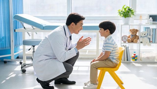 Friendly pediatrician crouching and talking with preschool boy in bright clinic