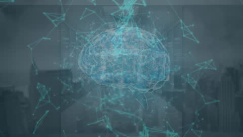 Digital Brain Network Overlays Cityscape and Servers