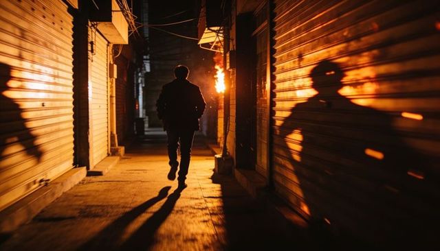 Silhouetted man walking down lamplit urban alley casting long shadows cinematic night