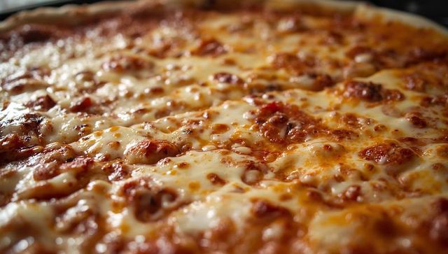Closeup bubbling pepperoni pizza with caramelized cheese and melting mozzarella