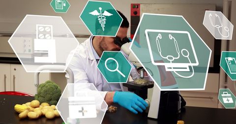 Lab technician analyzing samples with medical icons overlay