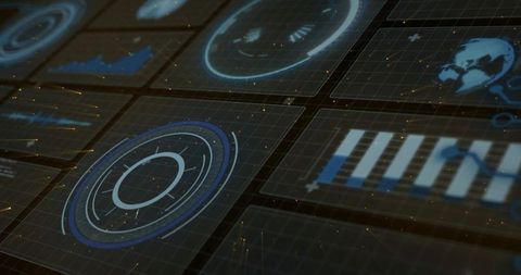 Futuristic holographic HUD dashboard displaying circular radar interface and data grids