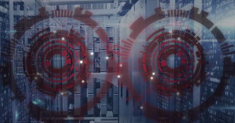 Futuristic data center with red HUD overlay on server racks for cybersecurity monitoring