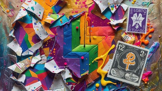 Abstract lgbtq collage with vibrant paper and stamps