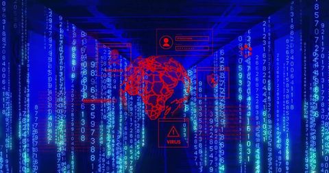 Pulsing Red Network Globe Hovering Over Server Rack Corridor with Virus Hologram