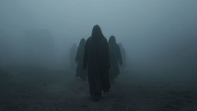 Hooded figures walking through dense fog in desolate field, dark cloaks procession, eerie atmosphere