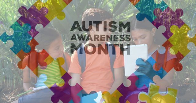 Image of puzzles falling over autism awareness month text and school children. autism and learning difficulties awareness and support concept digitally generated image.