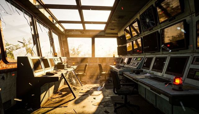 Abandoned control room featuring shattered monitors, embers and red emergency beacon