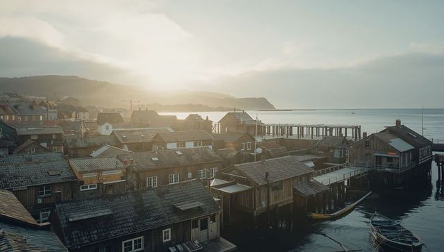 Weathered boathouses nestling on pilings at misty harbor sunrise, rustic pier and boats