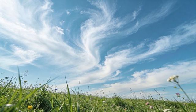Low-angle wildflower meadow with swirling cirrus clouds and breezy blue sky panorama