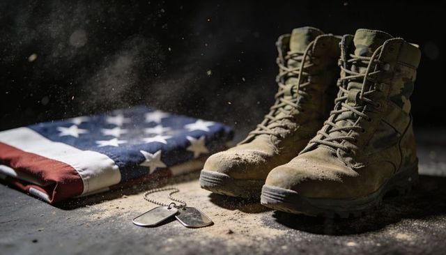 Dusted combat boots with folded american flag and dog tags for military memorial tributes