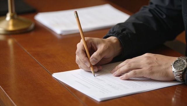 Man signing legal document with pencil on wooden desk, close-up of hands and wristwatch