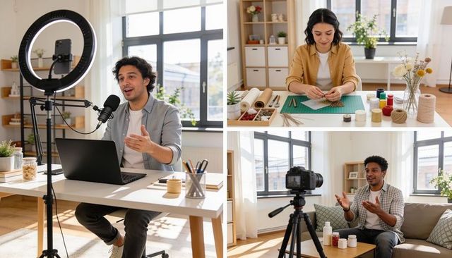 Home creator collage podcasting, crafting tutorial, product review filming in studio