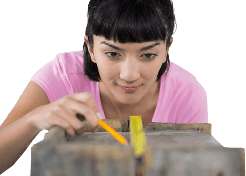 transparent woman focusing on measuring wooden plank for precision - Download Free Stock Videos Pikwizard.com