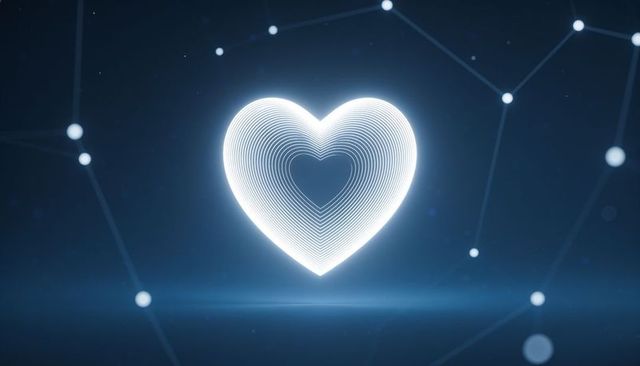 Glowing concentric heart hologram floating in futuristic digital space with network nodes