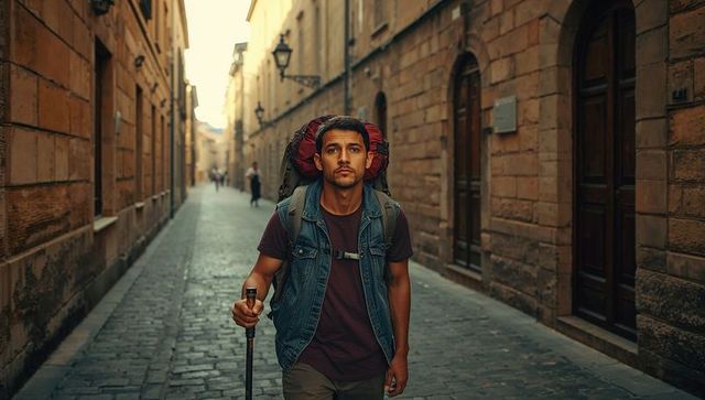 Backpacker walking historic cobblestone alley carrying red backpack trekking with pole