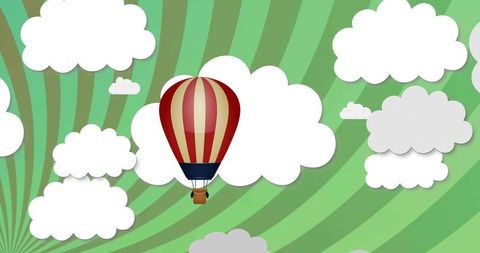 Vintage red-cream hot air balloon floating among paper clouds over green radial rays