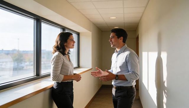 Colleagues discussing in sunlit office corridor, professional teamwork and conversation