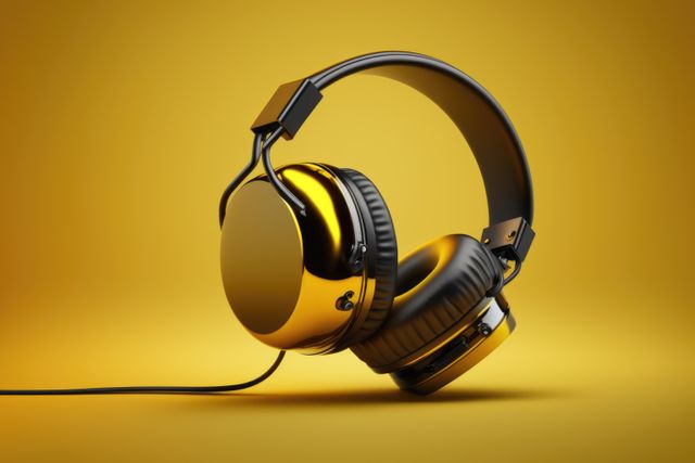 Close up of black headphones with wire on yellow background created using generative ai technology. Technology and music concept digitally generated image.