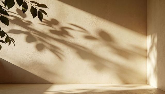 Sunlit leaf shadows casting diagonal patterns on textured plaster wall for minimalist rooms