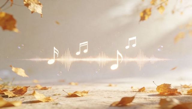 Glowing audio waveform floating over sunlit autumn pathway with falling leaves